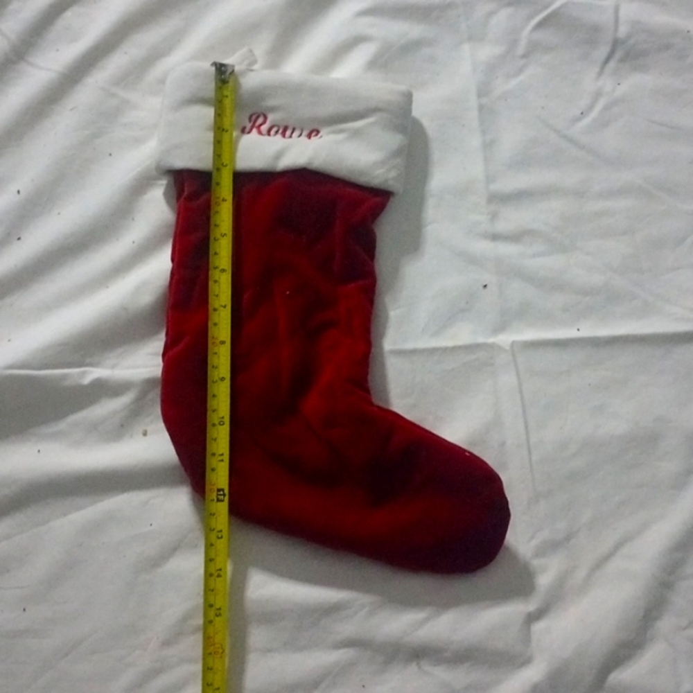 Pottery Barn Velvet Stocking maroon With Ivory Cuff- Monogrammed “Rowe”